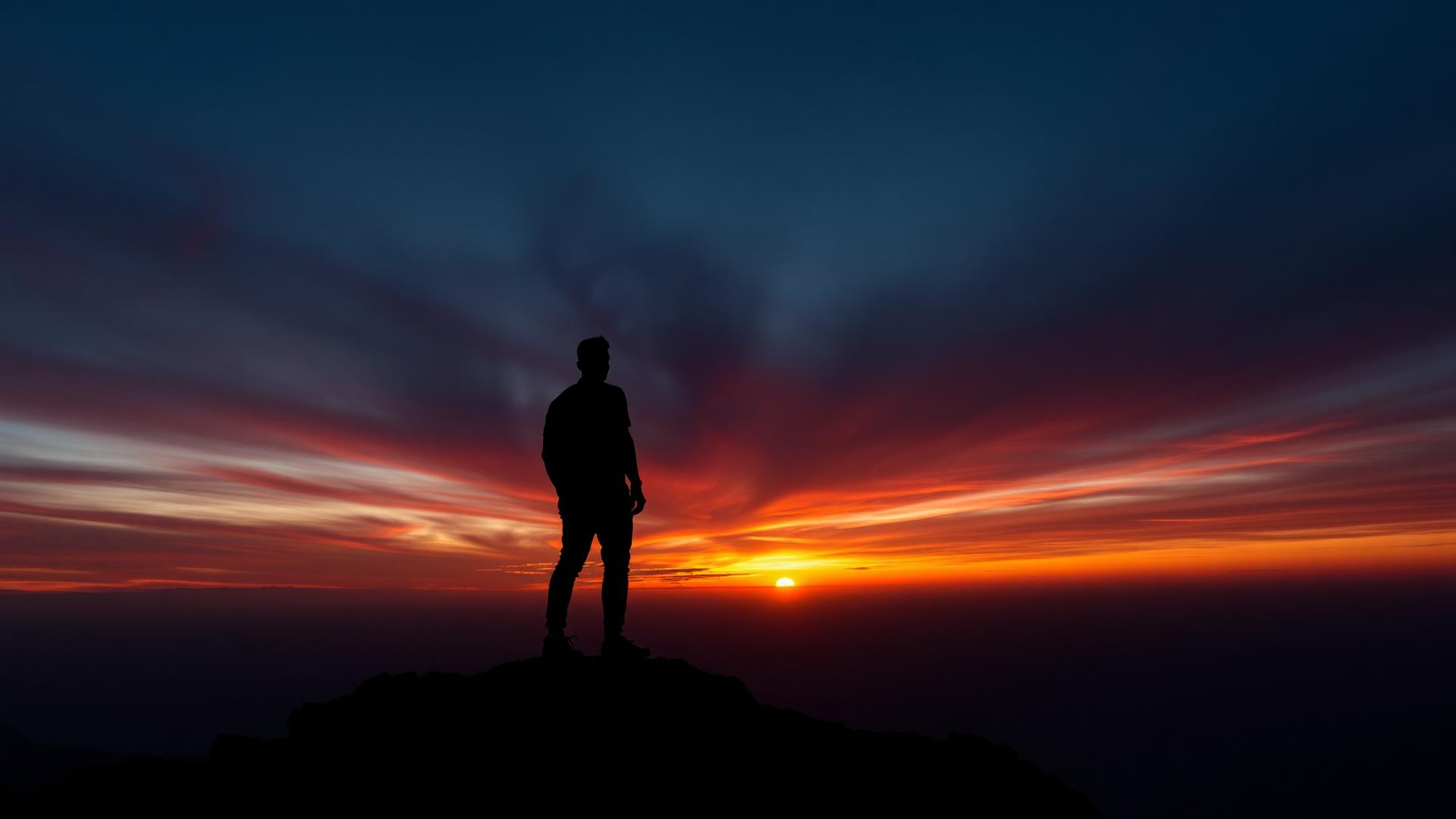 Homem no topo de uma montanha olhando o horizonte ao pôr do sol